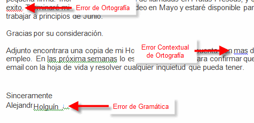 Imagen ejemplo de errores ortográficas, gramaticales y de contexto en Word 2007.