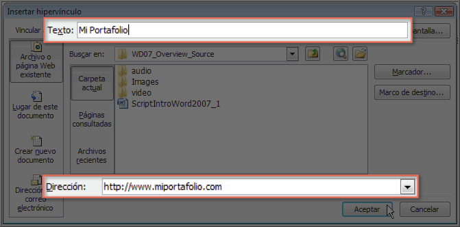 Imagen ejemplo de cuadro de diálogo Insertar hipervínculo.