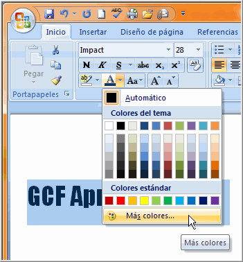 Imagen de cómo cambiar color de texto en Word 2007.