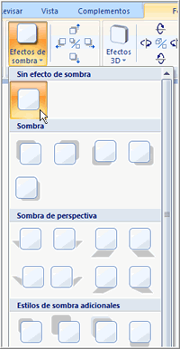 Imagen ejemplo del comando Efectos de sombra y su menú desplegable.