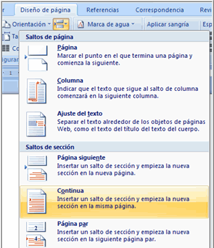 Imagen ejemplo del menú de los saltos de página de Word 2007.