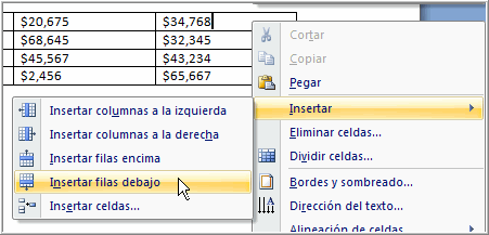 Imagen ejemplo de cómo insertar nuevas filas en una tabla en Word 2007.