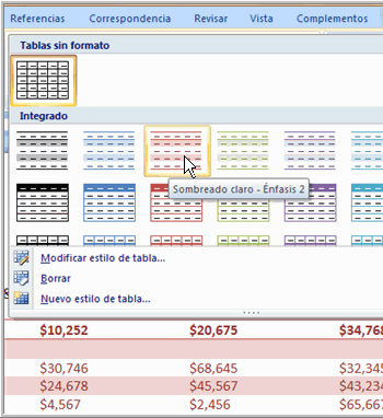 Imagen ejemplo del menú de estilos de tabla.