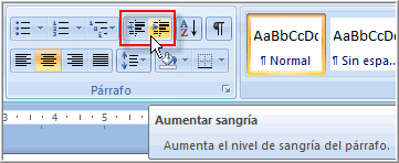 Imagen ejemplo de los comandos de sangría en Word 2007.