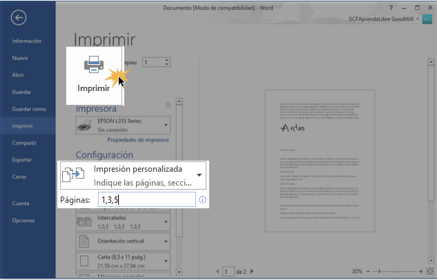 Imagen de cómo se usa la opción Impresión personalizada.