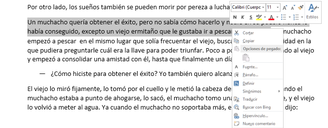 Vista de cómo se ve un texto seleccionado y las opciones al hacer clic derecho.