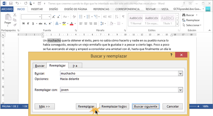 Vista de cómo remplazar algo en el texto con el comando Remplazar.