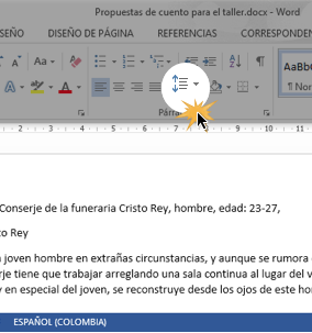 Vista del botón Espaciado de líneas y párrafos.
