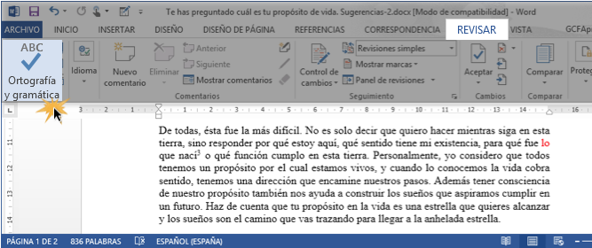 Vista del comando Ortografía y gramática en la pestaña Revisar.