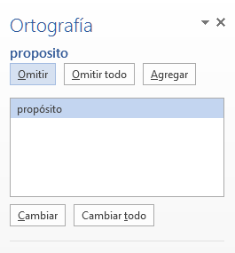 Vista de las opciones para omitir una sugerencia de error de Word.