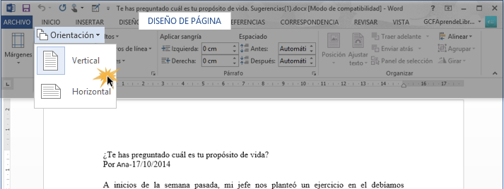 Vista de la pestaña Diseño de página y el comando Orientación.