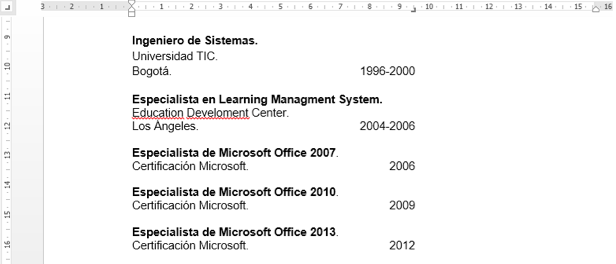 Imagen de ejemplo de uso de tabulaciones en Word 2013 en un currículum.