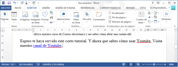 Vista de un hipervínculo en un documento de Word 2013.