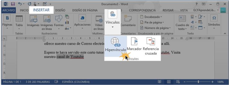 Vista de los pasos 1, 2 y 3 para crear un hipervínculo.