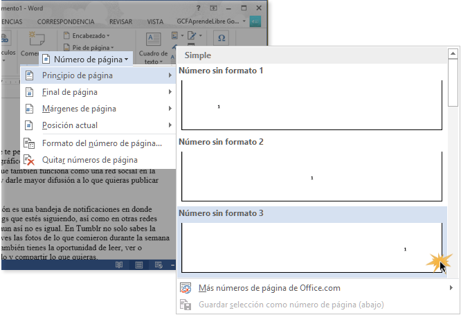 Vista de los pasos 2 y 3 para numerar páginas de un documento de Word 2013.