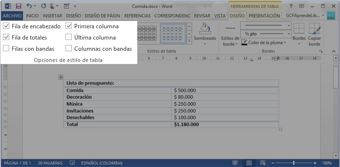 Vista de las opciones para modificar las características del estilo de la tabla de Word 2013.