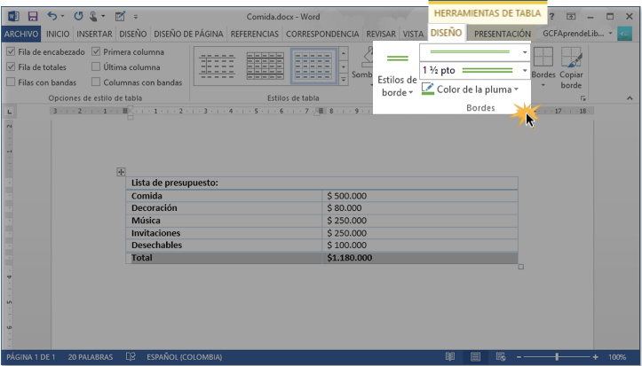 Vista de las opciones para elegir el tipo, grosor y color del borde.