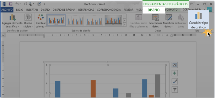 Vista del comando Cambiar tipo de gráfico en la pestaña Diseño.