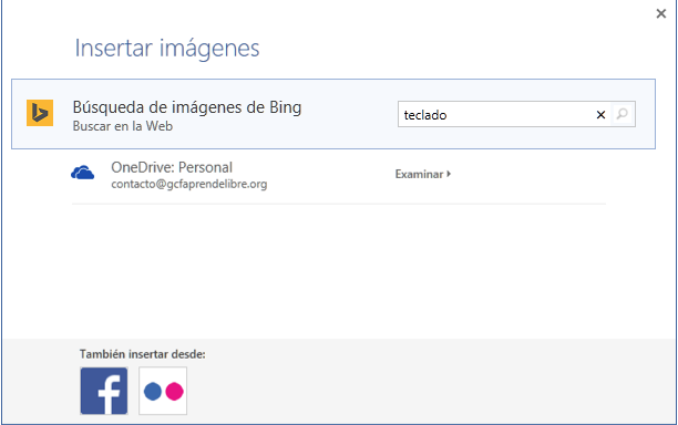 Vista del cuadro de diálogo y la barra de Búsqueda de imágenes de Bing.