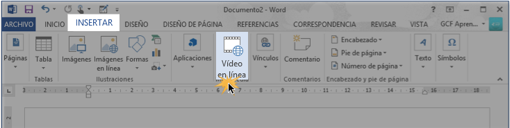 Vista de la pestaña Insertar y comando Vídeo en línea.