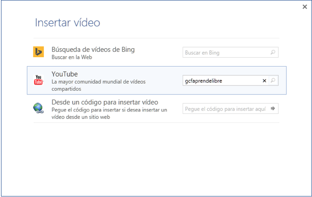 Vista del cuadro de diálogo y las opciones Búsqueda de vídeos de Bing y Youtube.