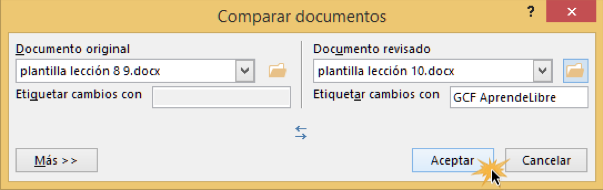 Vista del cuadro de diálogo Comparar documentos y el botón Aceptar.