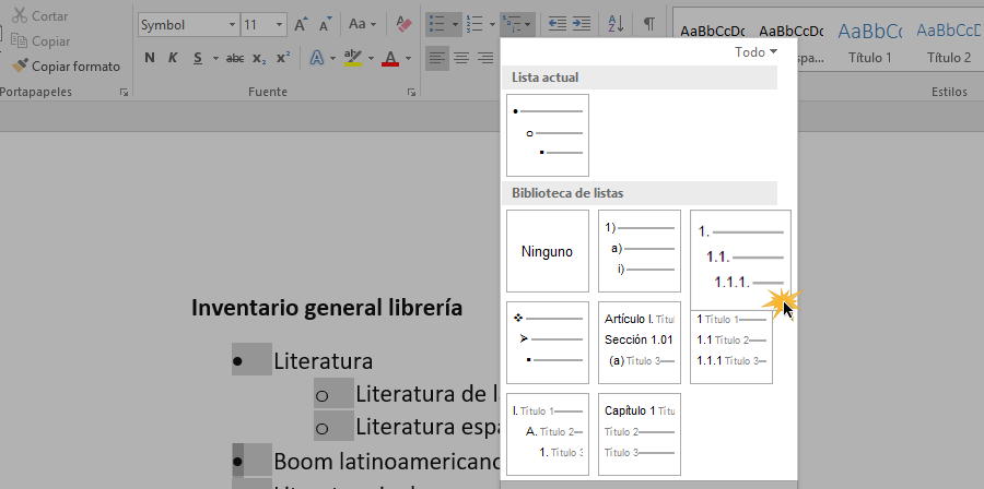 Escoger tipo de lista multinivel para aplicar a texto.