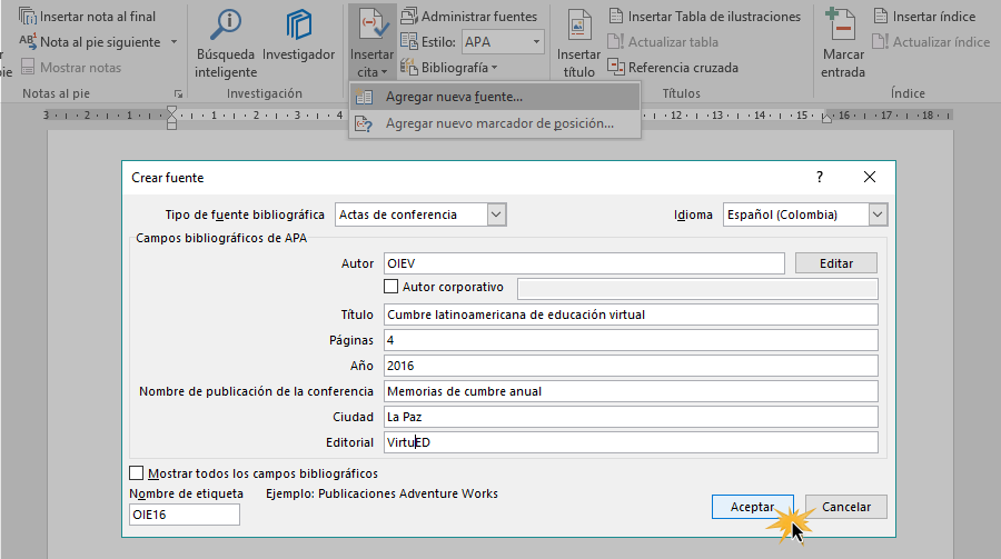 Insertar una cita bibliográfica a documento de Word 2016.