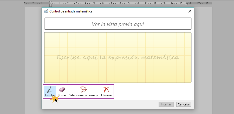 Opción Escribir para dibujar fórmula matemática.