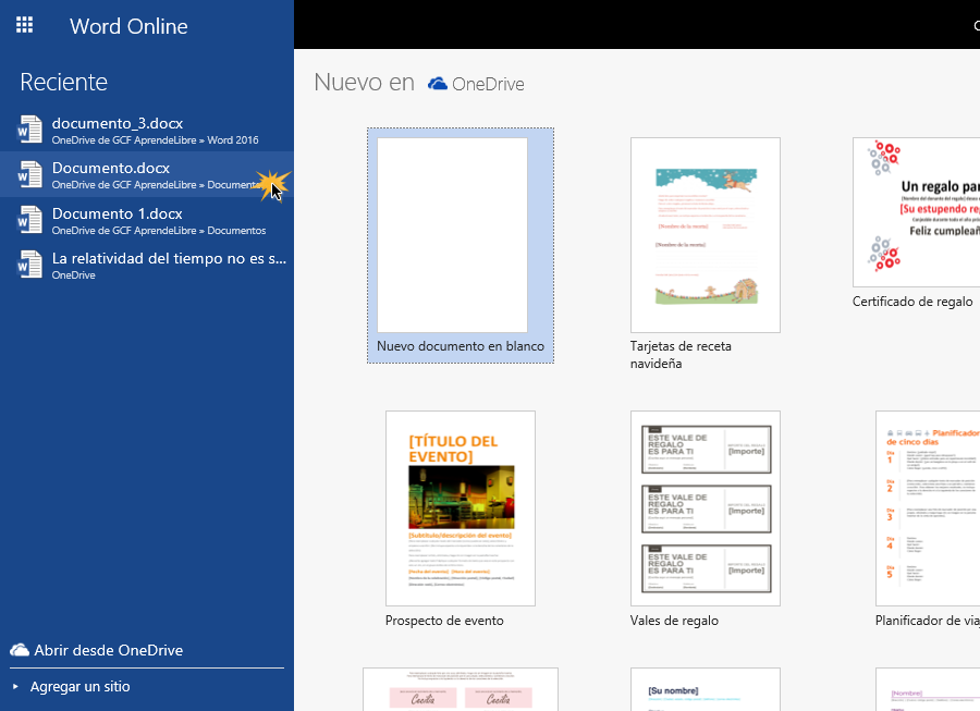 Elegir documento para abrir en Word Online.