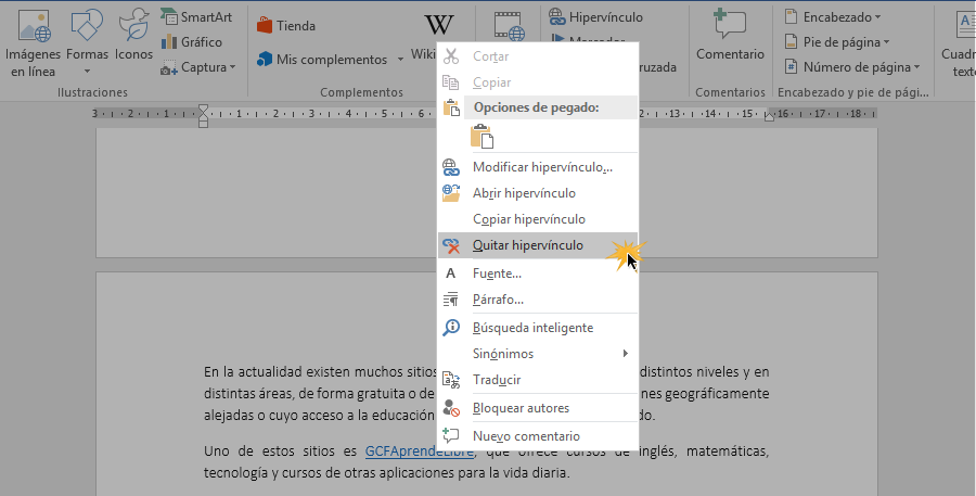 Quitar un hipervínculo.