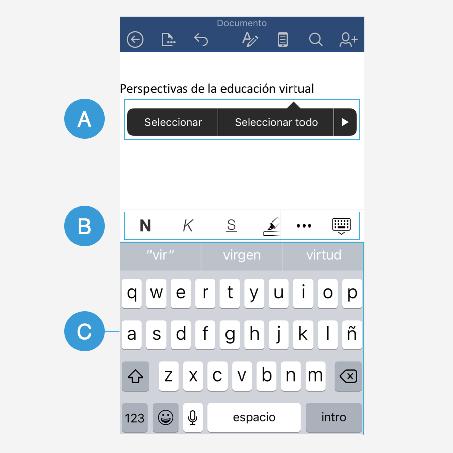 Espacio de trabajo de Word 2016 para iPhone.