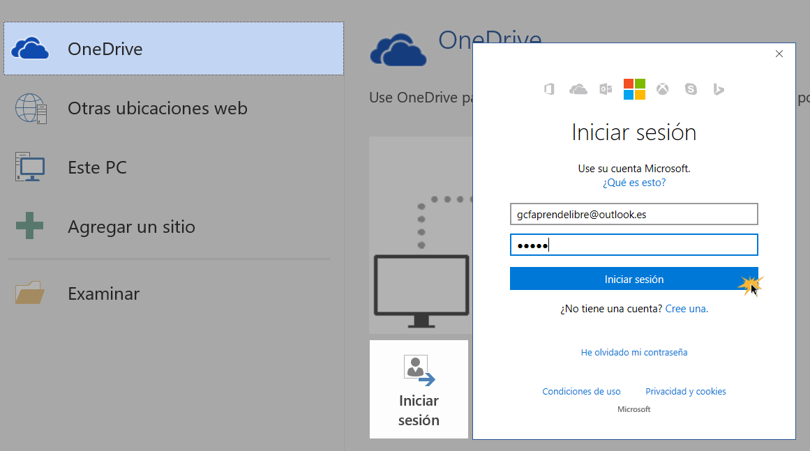 Iniciar sesión en OneDrive para guardar un documento.