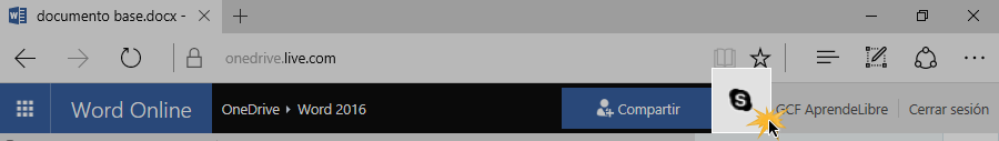 Ícono de Skype en barra de funciones de Word Online.