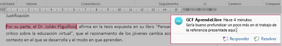 Realizar comentario sobre texto seleccionado.