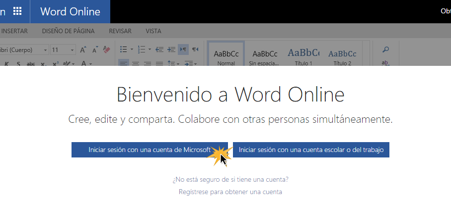 Iniciar sesión con una cuenta Microsoft para ingresar a Word Online.