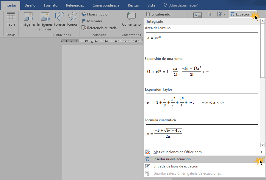 Hacer clic sobre opción Insertar nueva ecuación del menú de opciones Ecuación.