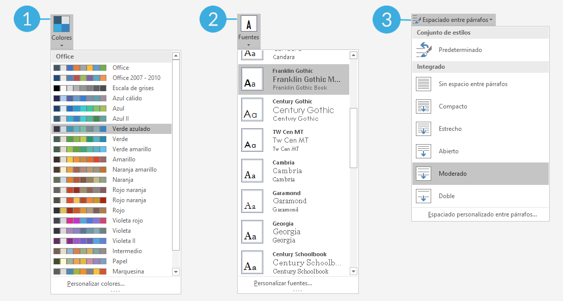 Opciones de edición sobre color, fuente y espaciado en temas de Word 2016.