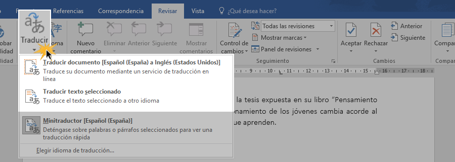 Opciones de traducción de documento de Word 2016.