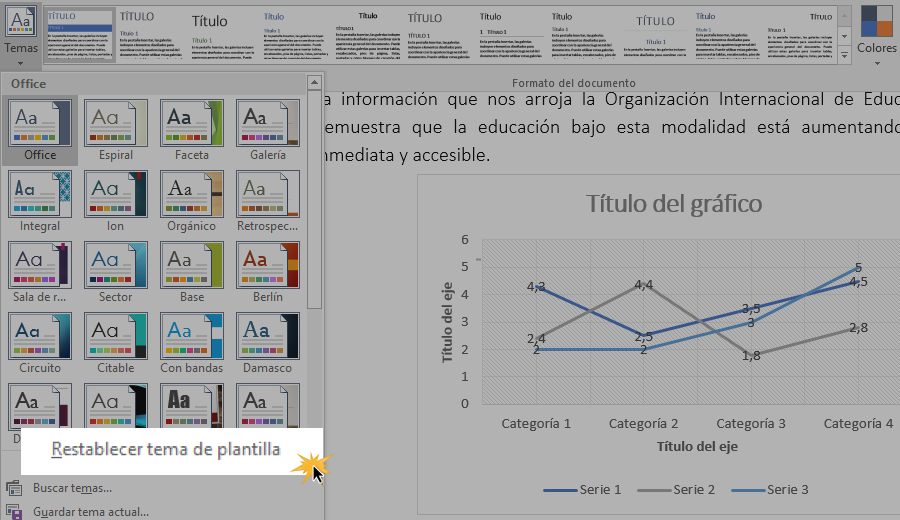 Opción Restablecer tema de plantilla.