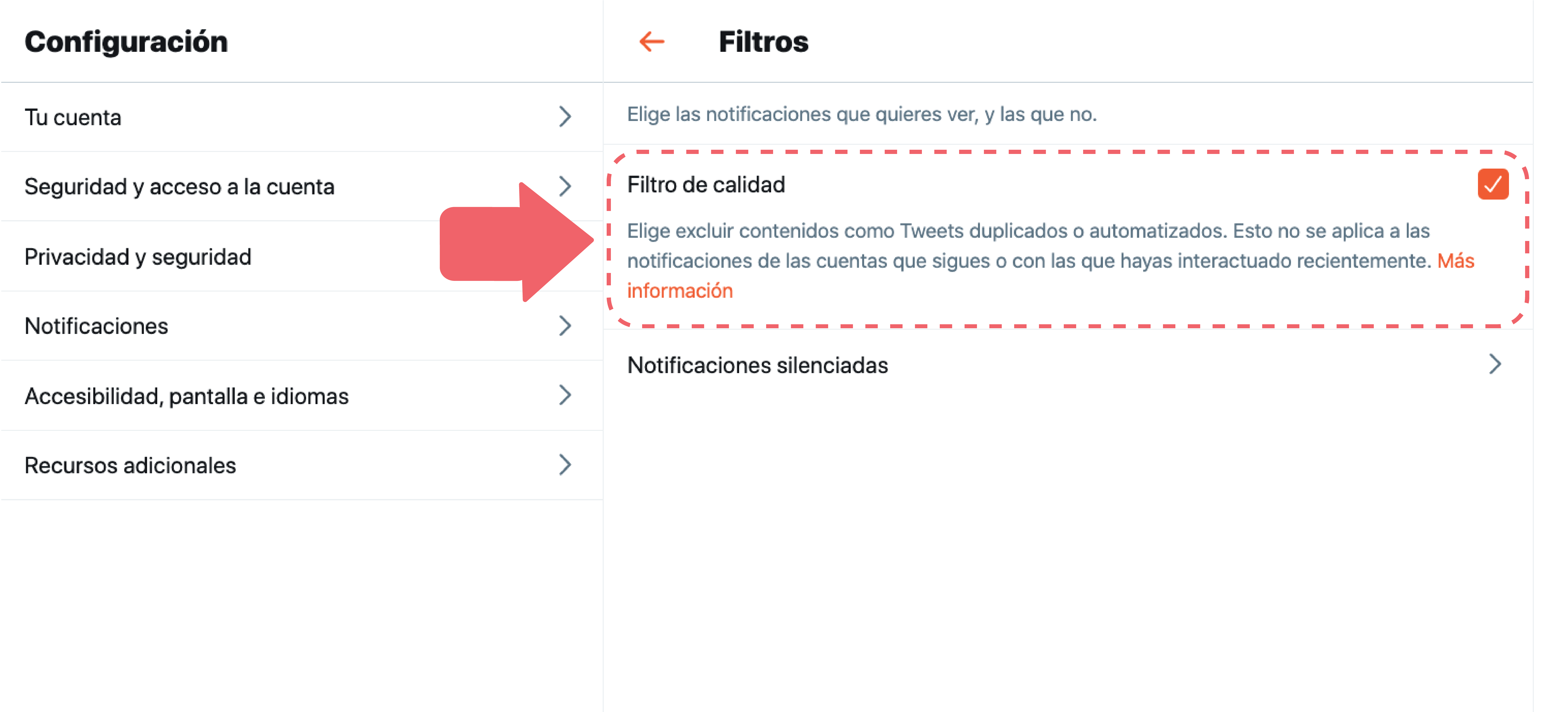 En esta opción podrás excluir contenidos como Tweets duplicados o automatizados. Esto no se aplica a las notificaciones de las cuentas que sigues o con las que hayas interactuado recientemente.