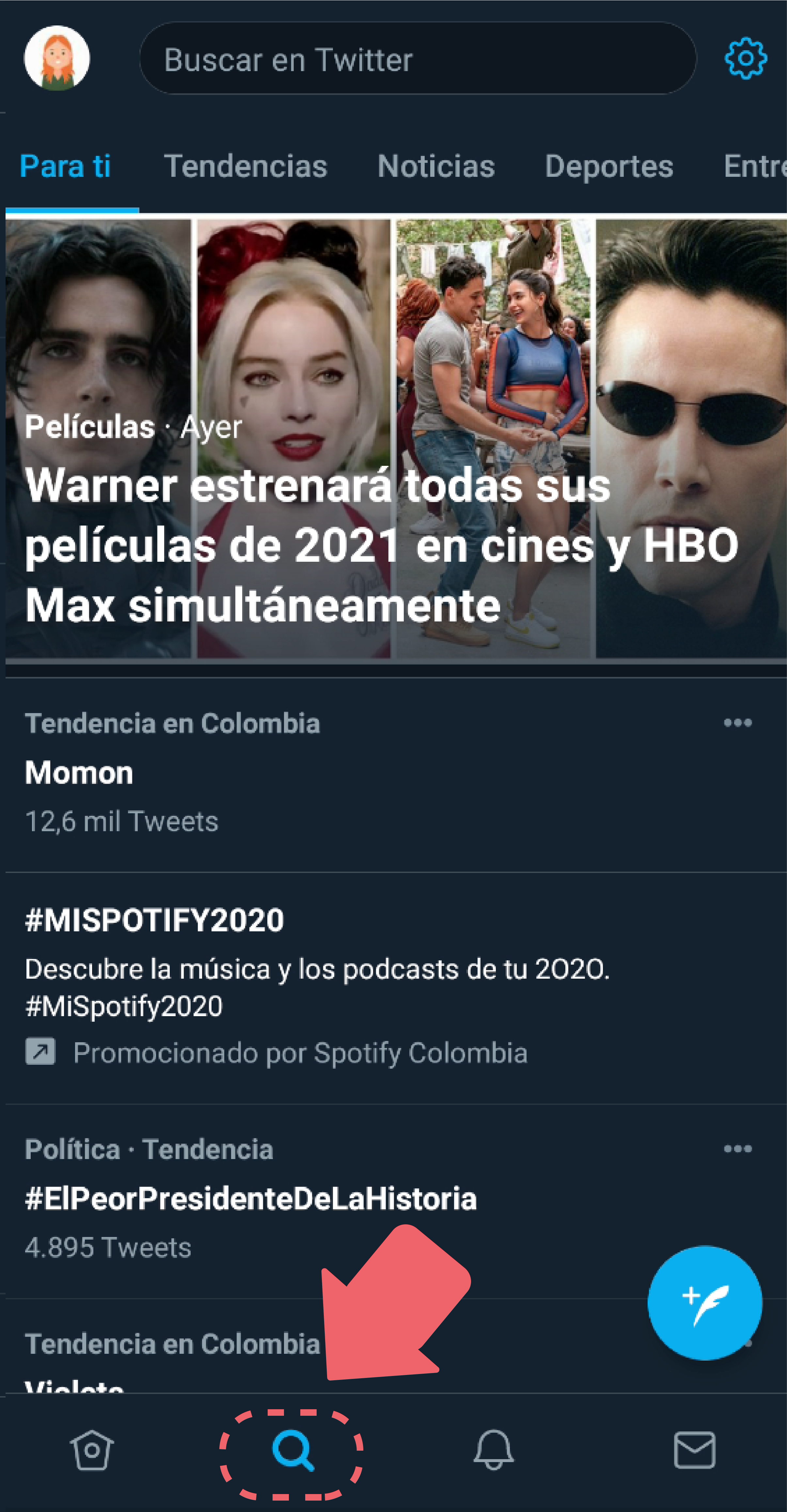 ícono de lupa: al seleccionar esta opción podrás ir al apartado de búsquedas y tendencias que tiene la app.