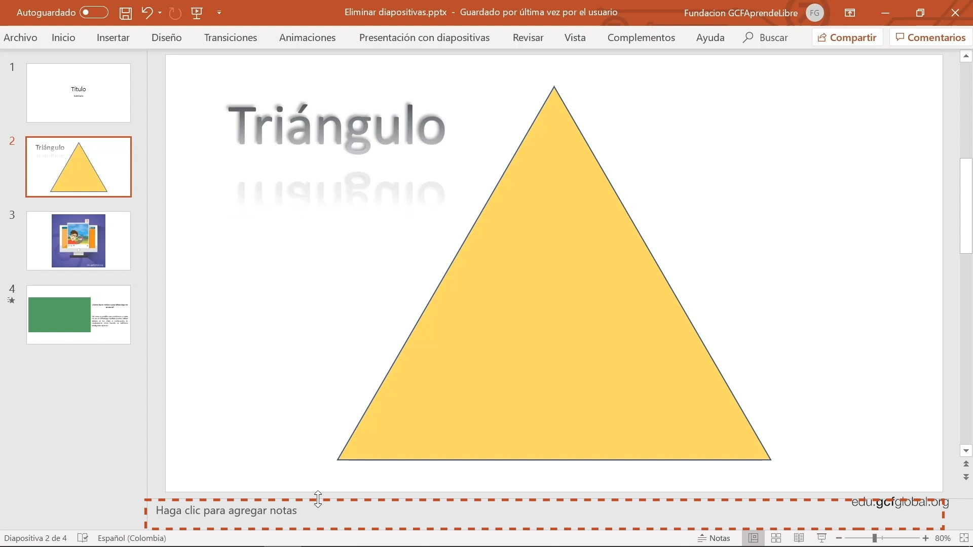 Imagen de Powerpoint añadiendo las notas en la opción “Haga clic para agregar notas”.