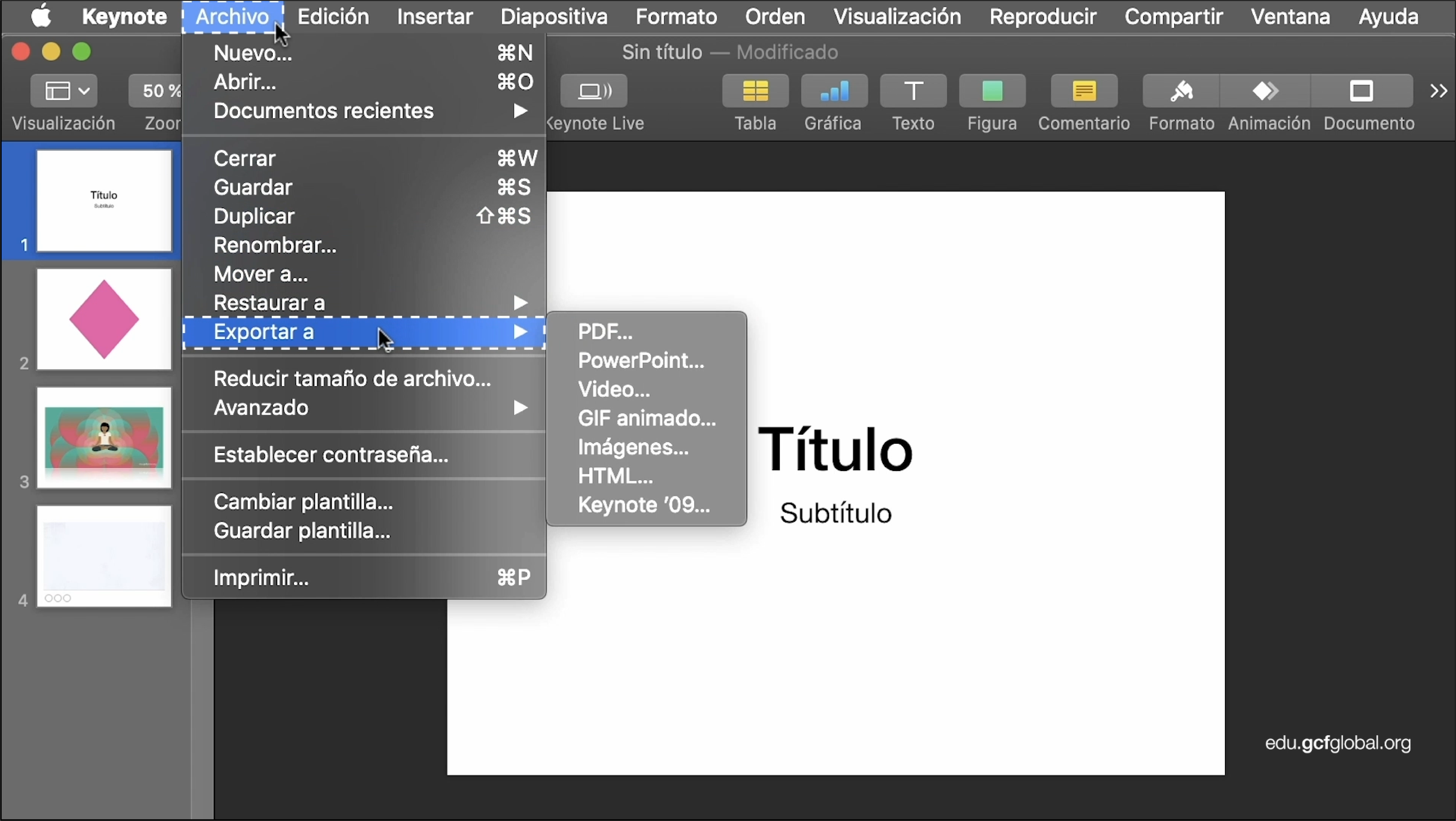 Imagen de Keynote exportando la presentación en un formato diferente.
