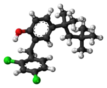 Ball-and-stick model of the clofoctol molecule