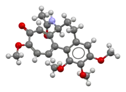 Ball-and-stick model of the colchicine molecule