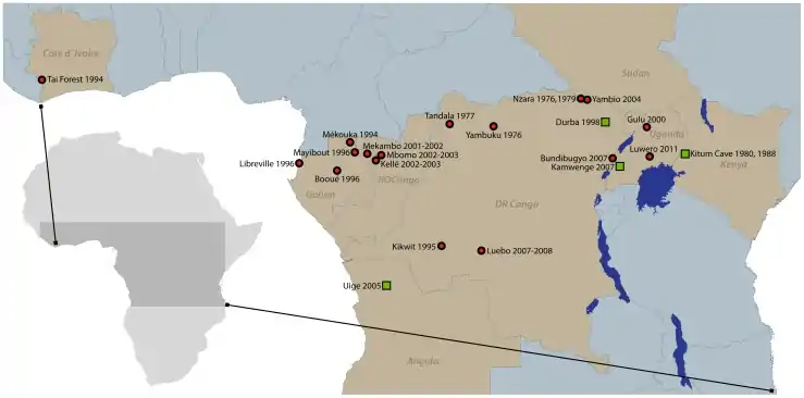 Ebola (and Marburg virus depicted as green squares) outbreaks on the African continent, both from the Filoviridae family.mw-parser-output cite.citation{font-style:inherit;word-wrap:break-word}.mw-parser-output .citation q{quotes:"\"""\"""'""'"}.mw-parser-output .citation:target{background-color:rgba(0,127,255,0.133)}.mw-parser-output .id-lock-free a,.mw-parser-output .citation .cs1-lock-free a{background:linear-gradient(transparent,transparent),url("//upload.wikimedia.org/wikipedia/commons/6/65/Lock-green.svg")right 0.1em center/9px no-repeat}.mw-parser-output .id-lock-limited a,.mw-parser-output .id-lock-registration a,.mw-parser-output .citation .cs1-lock-limited a,.mw-parser-output .citation .cs1-lock-registration a{background:linear-gradient(transparent,transparent),url("//upload.wikimedia.org/wikipedia/commons/d/d6/Lock-gray-alt-2.svg")right 0.1em center/9px no-repeat}.mw-parser-output .id-lock-subscription a,.mw-parser-output .citation .cs1-lock-subscription a{background:linear-gradient(transparent,transparent),url("//upload.wikimedia.org/wikipedia/commons/a/aa/Lock-red-alt-2.svg")right 0.1em center/9px no-repeat}.mw-parser-output .cs1-ws-icon a{background:linear-gradient(transparent,transparent),url("//upload.wikimedia.org/wikipedia/commons/4/4c/Wikisource-logo.svg")right 0.1em center/12px no-repeat}.mw-parser-output .cs1-code{color:inherit;background:inherit;border:none;padding:inherit}.mw-parser-output .cs1-hidden-error{display:none;color:#d33}.mw-parser-output .cs1-visible-error{color:#d33}.mw-parser-output .cs1-maint{display:none;color:#3a3;margin-left:0.3em}.mw-parser-output .cs1-format{font-size:95%}.mw-parser-output .cs1-kern-left{padding-left:0.2em}.mw-parser-output .cs1-kern-right{padding-right:0.2em}.mw-parser-output .citation .mw-selflink{font-weight:inherit}"Ebola Virus Disease Distribution Map: Cases of Ebola Virus Disease in Africa Since 1976". Centers for Disease Control and Prevention (CDC). 22 May 2018. Archived from the original on 11 October 2018. Retrieved 10 October 2018..mw-parser-output cite.citation{font-style:inherit;word-wrap:break-word}.mw-parser-output .citation q{quotes:"\"""\"""'""'"}.mw-parser-output .citation:target{background-color:rgba(0,127,255,0.133)}.mw-parser-output .id-lock-free a,.mw-parser-output .citation .cs1-lock-free a{background:linear-gradient(transparent,transparent),url("//upload.wikimedia.org/wikipedia/commons/6/65/Lock-green.svg")right 0.1em center/9px no-repeat}.mw-parser-output .id-lock-limited a,.mw-parser-output .id-lock-registration a,.mw-parser-output .citation .cs1-lock-limited a,.mw-parser-output .citation .cs1-lock-registration a{background:linear-gradient(transparent,transparent),url("//upload.wikimedia.org/wikipedia/commons/d/d6/Lock-gray-alt-2.svg")right 0.1em center/9px no-repeat}.mw-parser-output .id-lock-subscription a,.mw-parser-output .citation .cs1-lock-subscription a{background:linear-gradient(transparent,transparent),url("//upload.wikimedia.org/wikipedia/commons/a/aa/Lock-red-alt-2.svg")right 0.1em center/9px no-repeat}.mw-parser-output .cs1-ws-icon a{background:linear-gradient(transparent,transparent),url("//upload.wikimedia.org/wikipedia/commons/4/4c/Wikisource-logo.svg")right 0.1em center/12px no-repeat}.mw-parser-output .cs1-code{color:inherit;background:inherit;border:none;padding:inherit}.mw-parser-output .cs1-hidden-error{display:none;color:#d33}.mw-parser-output .cs1-visible-error{color:#d33}.mw-parser-output .cs1-maint{display:none;color:#3a3;margin-left:0.3em}.mw-parser-output .cs1-format{font-size:95%}.mw-parser-output .cs1-kern-left{padding-left:0.2em}.mw-parser-output .cs1-kern-right{padding-right:0.2em}.mw-parser-output .citation .mw-selflink{font-weight:inherit}"Chronology of Marburg Hemorrhagic Fever Outbreaks". Centers for Disease Control and Prevention (CDC). Archived from the original on 21 January 2015. Retrieved 10 October 2018.