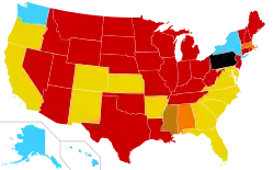 On request: AK, HI, NY, WA; danger to woman's health, rape or incest, or likely damaged fetus: AR, CA, CO, DE, FL, GA, KS, MD, NC, NM, OR, SC, VA; danger to woman's health: AL, MA; rape: MS; illegal: AZ, CT, IA, ID, IL, IN, KY, LA, ME, MI, MN, MO, MT, ND, NE, NH, NJ, NV, OH, OK, PA, RI, SD, TN, TX, UT, VT, WI, WV, WY