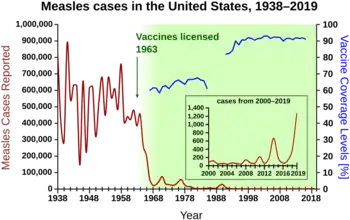 Measles cases 1938-1964 follow a highly variable epidemic pattern, with 150,000-850,000 cases per year. A sharp decline followed introduction of the vaccine in 1963, with fewer than 25,000 cases reported in 1968. Outbreaks around 1971 and 1977 gave 75,000 and 57,000 cases, respectively. Cases were stable at a few thousand per year until an outbreak of 28,000 in 1990. Cases declined from a few hundred per year in the early 1990s to a few dozen in the 2000s.