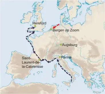 Five archaeological sites -independent infection routes black/red dotted arrows for  spread of Black Death